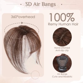 S-noilite Air Bangs 360°3D Cover Clip in Bangs Real Human Hair Air Bangs Hair Clip on Wispy Bangs Fringe for Women Hairpieces 10g (#2 Dark Brown)