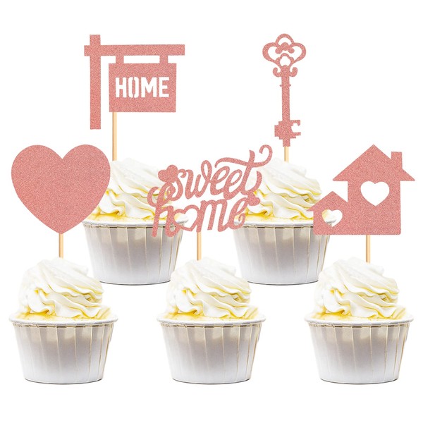 Keaziu Paquete de 30 adornos para cupcakes Home Sweet Home para inauguración de la casa, decoración de pasteles de fiesta, color oro rosa