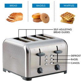 Kenmore Toaster 4 Slice - Extra Wide Slot Countertop Kitchen Appliance, Defrost Function, Grille-Pain, 9 Shade Settings, Compact Design, Easy Clean Crumb Tray, Bread Bagel, Stainless Steel