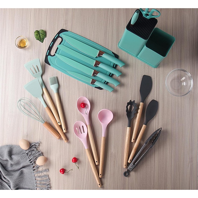 Cherry Pink 19 Piece Kitchen Utensils and Knife Set with