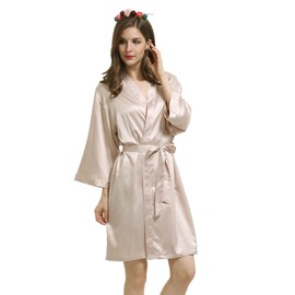 Y WJing Yi Jia Women's Silk Bridesmaid Bathrobe Women's Satin Bridal Bathrobe Wedding Party with Eye Mask and Hair Tie 3-in-1 Set Monogram Print Wedding Dress Kimonos Bathrobe, Pale Champagne-M