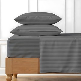 100% Egyptian Cotton Sheets King Size Damask Sheets Set, Luxury Deep Pocket Sheet, 1000 TC Soft & Ultra Smooth 4 Piece Cool Stripe Bedding Sheet & Pillowcases - Dark Grey