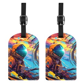 Cabreche 2 Pack Luggage Tag Suitcase Tags PU Leather Identifiers Privacy Cover Luggage Tags Aesthetic Cute Travel Bag Labels and Address Card for Women Girls Men-Astronaut