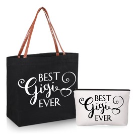 Sieral 2 Pieces Christmas Gigi Gifts for Grandma Funny Best Ever Tote Bag and with Zipper Leather Belt Make up Mom Work, Shopping, Beach, Travel Black, White