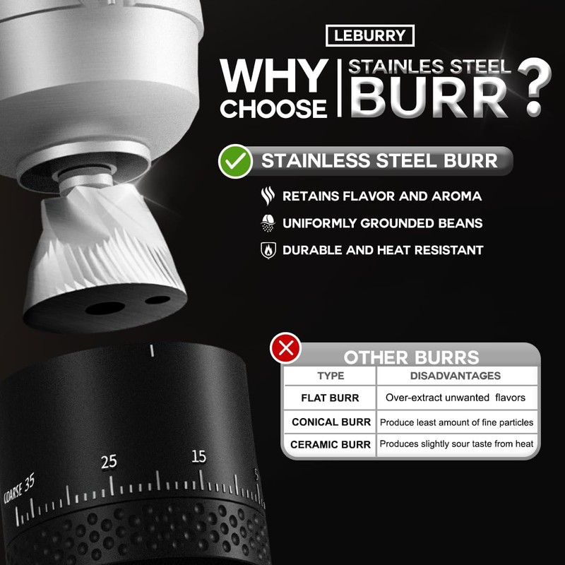 LEBURRY Burr Coffee Grinder - Portable Espresso Grinder with Stainless