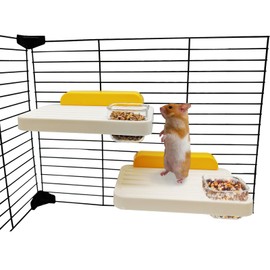 2PCS Hamster Cage Platform Twist On Mounting with 2 Feeding Bowls Plastic Space Saving Small Animal Shelf for Mice Rats Gerbils Sugar Gliders Birds
