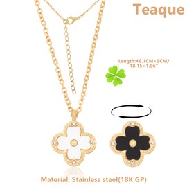 Teaque 18K Gold Four Leaf Studded Clover Necklace | Double Sided black & white Clover Necklace for Women | Lovely Gift