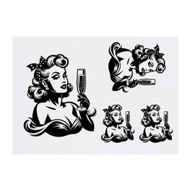 4 x 'Girl Drinking Champagne' Temporary Tattoos - Water Resistant, Skin-Safe, Non-Toxic Transfers, Mixed Sizes (TO00085276)