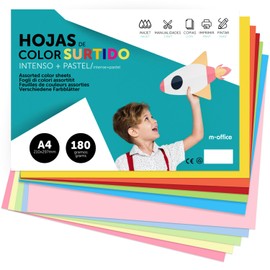 m-office Cartoncini Colorati, Cartoncini A4 Colori Assortiti, Fogli Colorati 180gr per Lavoretti, Stampa Documenti e Disegni Creativi, Fogli Colorati A4 (x10 Assortimento Intense+Pastello)