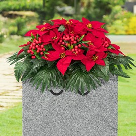 Uqueeten Artificial Cemetery Silk Flowers Saddle for Headstone Graves Memorial Day Tombstone Floral Christmas Fall and Winter Set Fixed Decorations(Red)
