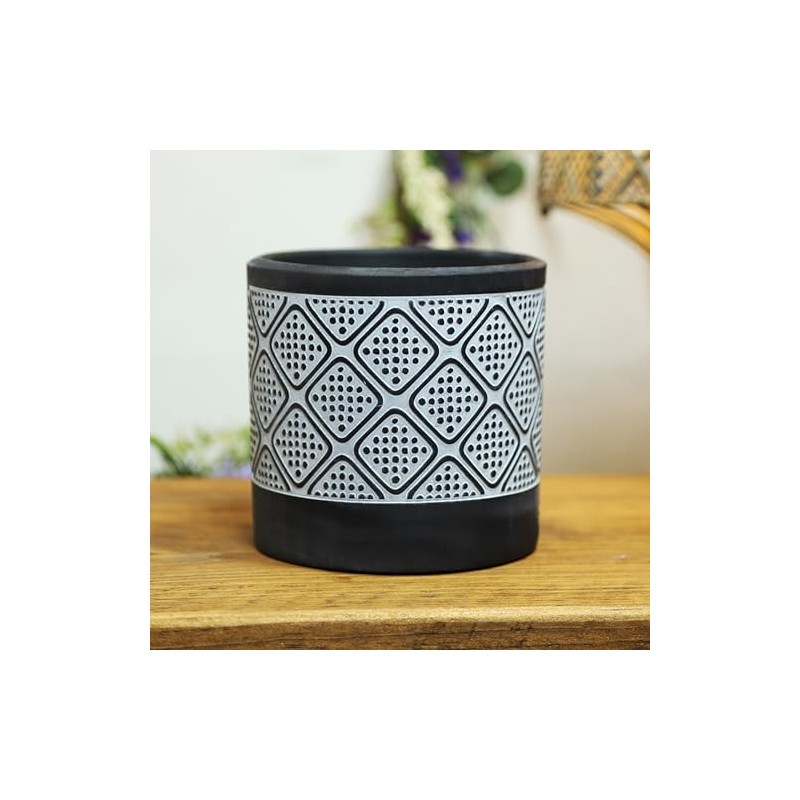 Fyne-Finds Cement Black N White Pot Doted Patterned Diamond Planter