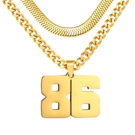 KLIFOWDY Number Necklace, Layered Necklace for Men, Jersey Number Necklace for Boy Athlete, 18+20 In Gold Chain for Men With Number 86 Pendant, Basketball Football Baseball Number Necklaces for Boys