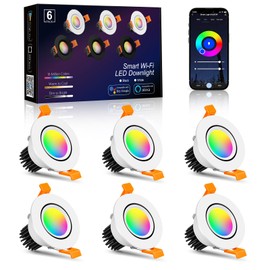 Smart WiFi 2 Inch LED Downlight, 5W RGBCW Recessed Light 2700K-6000K, Dimmable COB Color Changing, Compatible with Alexa/Google, LED Driver Included, 6 Pack