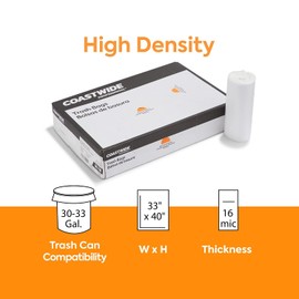 Coastwide 30-33 Gallon Trash Bag, 33" x 40", High Density, 16 mic, Natural, 250 Bags (CW18200)