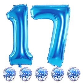 17th Birthday Blue Foil Number 17 Balloons with Confetti, Giant 40 Inch Helium Balloons for Boys, Girls, Men - 17th & 71st Anniversary Party Decorations