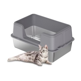 Curtainboro Stainless Steel Cat Litter Box, Litter Box with Anti-Slip Litter Mat and Scoop, Anti-Leakage Top Entry, Enclosed Litter Boxes with Lid, Easy to Clean