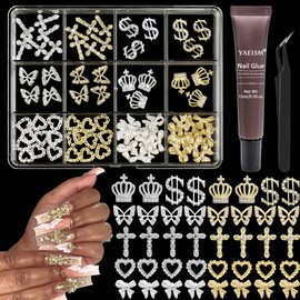 YAEISM Gold Silver Nail Charms Kits 3D Cross Gold Nail Charms Crystal Money Nail Charms 2 Colors Crown Butterfly Bowknot Nail Rhinestones with Glue Gel,Tweezer for Nail Art and DIY Crafts Decoration