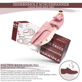 SULPO Premium Shoe Stretcher Made Of Precious Cedar Wood, Incl. Travel Shoehorn - Shoe Tree For Men And Woman - Shoe Shaper with ergonomic design - Shoe Widener - Adjustable - Various Sizes