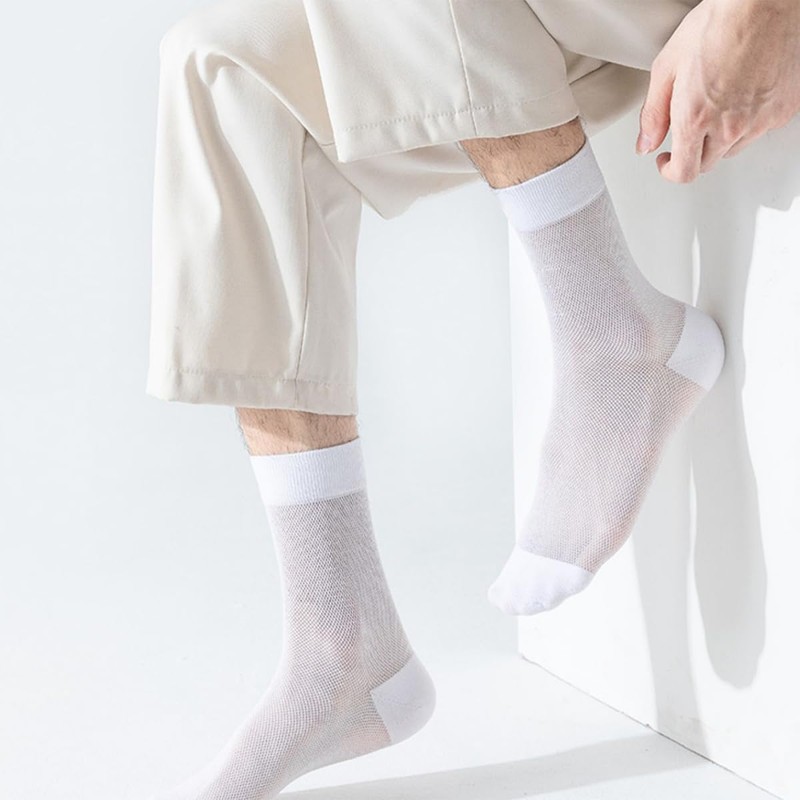 FQZMQBQ Men's Summer Business Socks, Black, White, Mesh, Solid, Thin,