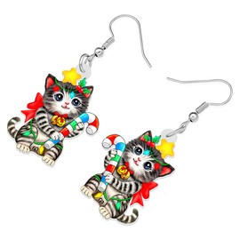 RAIDIN Acrylic Cute Christmas Cat Pets Earrings for Women Anime Kitten Dangle Hook Earrings Jewelry Gifts for Cat Lovers (Multi)
