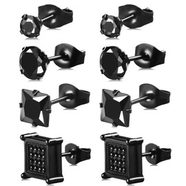 Trinckle 4 Pairs Black Stud Earrings for Men Black Earrings Square Stud Earrings Stainless Steel Earrings for Men, Cubic Zirconia Cartilage Earring Set as Male Jewelry Aretes Negros Para Hombre