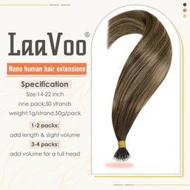 LaaVoo Nano Hair Extensions Real Human Hair - Nano Beads & Nano Ring Invisible Extensions - Remy Straight Balayage Dark Brown Mix Caramel Blonde Long Human Hair Extensions 50s 50g 24 Inch #4/27/4
