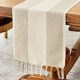 Camino de mesa de lino Wracra, caminos de mesa de macramé estilo granja de 90 pulgadas de largo para decoración de mesa de comedor, boda, fiesta y decoración de cómoda (Café claro, 90")