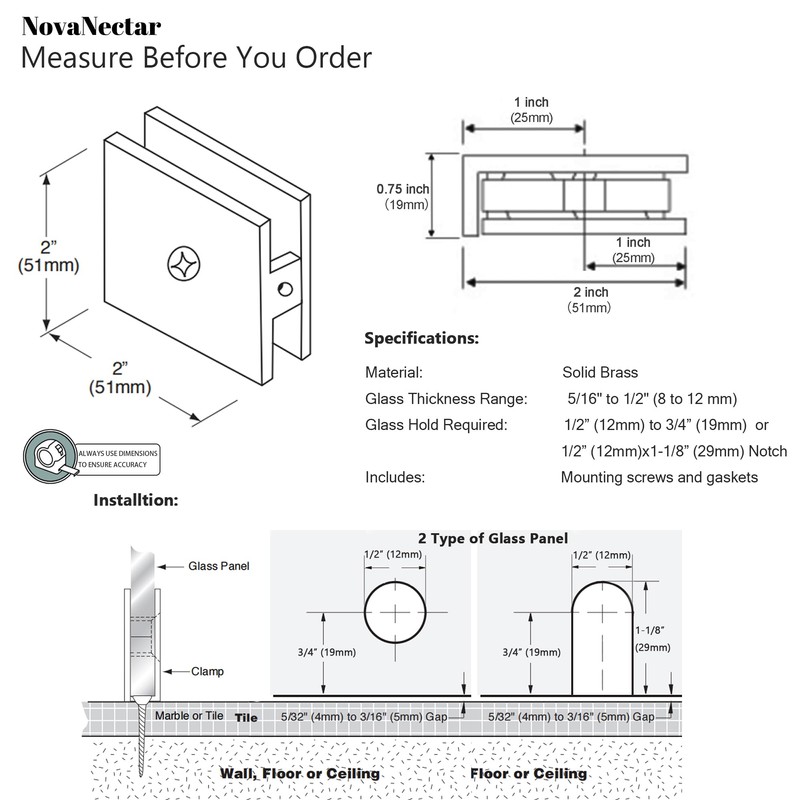 NovaNectar Brass Glass Clamp, Hole-in Fixed Panel U-Clamp,Square Screen Door