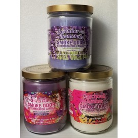 Smoke Odor Exterminator 13 oz Jar Candles Lavender with Chamomile, Assortment (3) Includes Lavender with Chamomile, China Rain and Patchouli Amber.