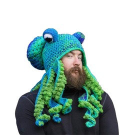 XKCL Knitted Pot Belly Octopus Squid Hat - Novelty Animal Costume Head Hat (Blue & Green)