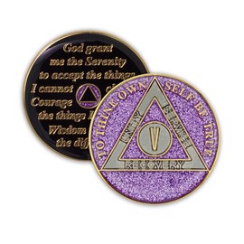 5 Year Sobriety Coin | Glitter Triplate AA Chip Recovery Anniversary Token (Purple)