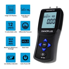 Manometer Digital Manometer Gas Pressure Tester Professional 12 Selectable Units Differential Manometer Gauge HVAC Air Pressure Meter with Large LCD Display Backlight, Data Record Funtion