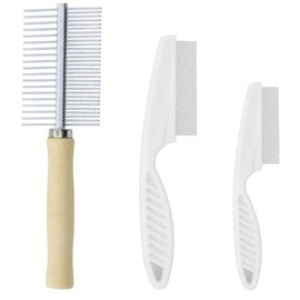 PEXIVOZ Wooden Double Comb with Metal Rounded Teeth and 2 Pieces Lice Comb, Professional Dog Comb, Cat Comb, Combi Comb for Dogs, Brush Against Fleas Undercoat, Pet Care Comb Brush, multicoloured