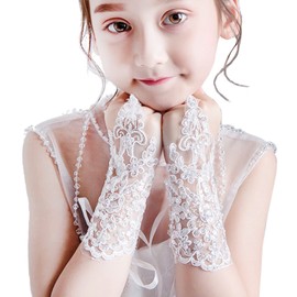 Elifemona Kids Lace Communion Gloves Wedding Pageant Princess Flower Girls Gloves dress up, One Size, 4-ivory/Lace