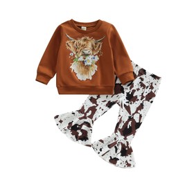 Western Bell Bottom Outfits For Toddler Girls Fall Winter Clothes Cow Print Crewneck Sweatshirt Flare Pants Casual Set (A-Caramel, 3-4 Years)
