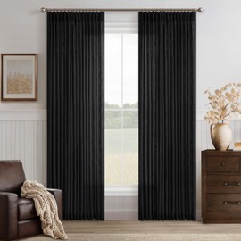 Black 90 Inch Linen Curtains Pinch Pleated for Living Room Bedroom Dining Boho Country Light Filtering Pinch Pleat Drapes with Hooks Rings Back Tab Semi Sheer Window Curtains 2 Panels Set 50x90