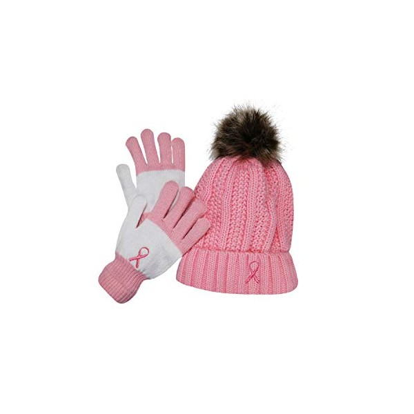 Women’s Winter Set, Knitted Beanie with Pompom and Gloves, Pink Ribbon Breast Cancer Awareness (Pink Beanie and White/Pink Gloves)
