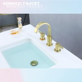 Senhozi Brushed Gold Bathroom Faucets 3 Hole, 8 Inch Widespread Waterfall Bathroom Sink Faucet, 2 Handles Vanity Faucet with Pop-up Drain and Supply Hose SE-0018-BG
