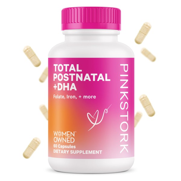 Pink Stork Total Postnatal Vitamins for Women with DHA, Iron, Folate, and Vitamin B12, Postpartum Recovery Essentials, Daily Supplement for Breastfeeding Moms -1 Month Supply