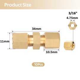 GIONAR 10Pcs 3/16" Brake Pipe Fittings, Brass Brake Line Connector, Brake Line Fittings for 4.75mm Dia Tube