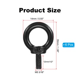 PATIKIL Lifting Eye Bolts M5 X12mm / 3/16" x 1/2", 6 Pcs 304 Stainless Steel Shoulder Ring Threaded Screw Machinery Shoulder Eyebolt for Lifting Hanging, Black