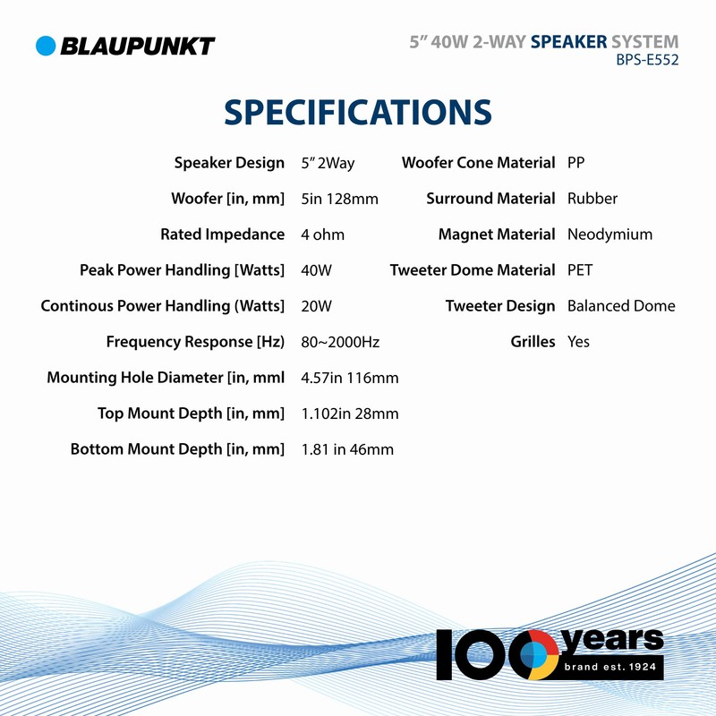 BLAUPUNKT BPS-E552 5" 2-Way Car Speakers 80W with Grilles -