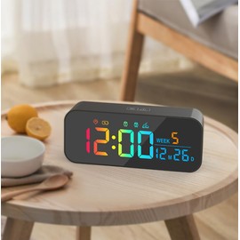 Digital Alarm Clock with Large Led Temperature Display, Portable Alarm Clock Digital, Snooze Time, with Week Date,Four-Level Adjustable Brightness Dimmer, 8colors Number Display, for Table Bedroom