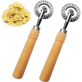 MTOMDY Ravioli Cutter Stamps with Roller Wheel Round Mold with Wooden Handle and Fluted Edge Pasta Press Pasta Cutter for Home and Kitchen Use- 1.6" Diameter （2Pcs）