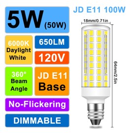 TZHILAN E11 LED Bulb Dimmable, 50W Equivalent, Daylight 6000K, T4 Mini Candelabra LED Bulb, 120V, JDE11 Base, 5W 650 Lumen, 5-Pack