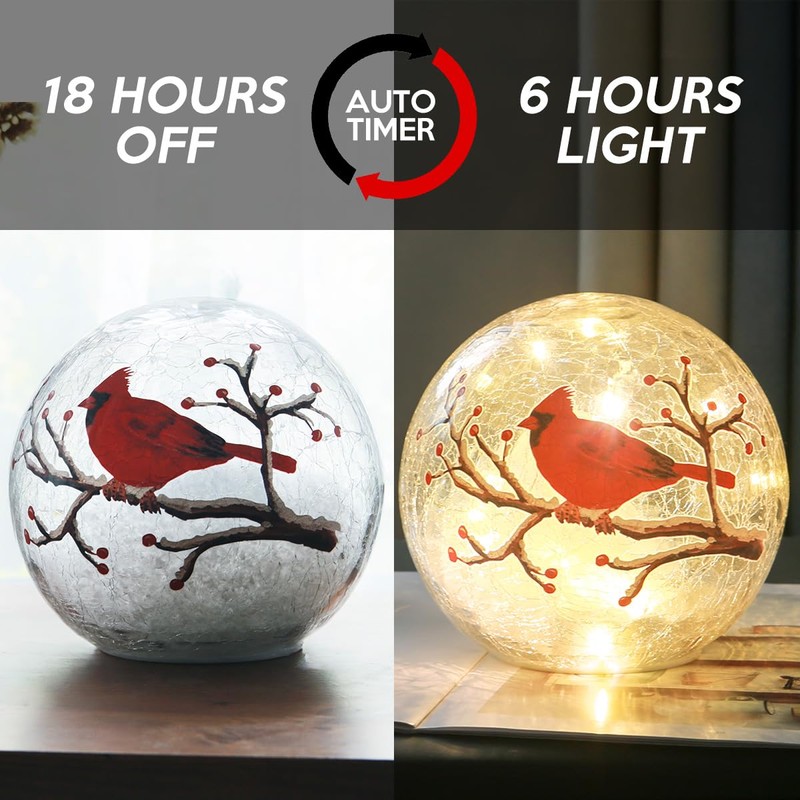 Crackle Glass Ball Cardinal Lamp with Timer, Light Up Red