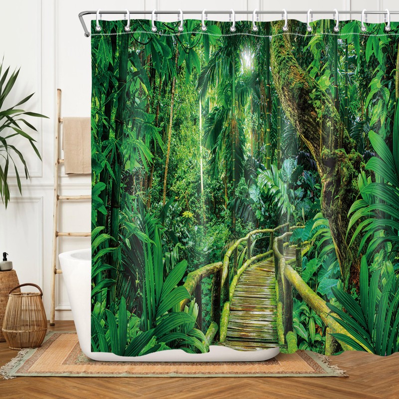 Nature Forest Wooden Bridge Shower Curtain 3D Rain Forest Scenic