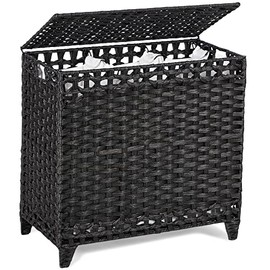 Laundry Hamper with 3 Removable Liner Bags; 132L Handwoven Rattan Laundry Basket with Lid & Heightened Feet; Clothes Hamper with Side Handles; Laundry Sorter with 3 Separate Sections (Black)