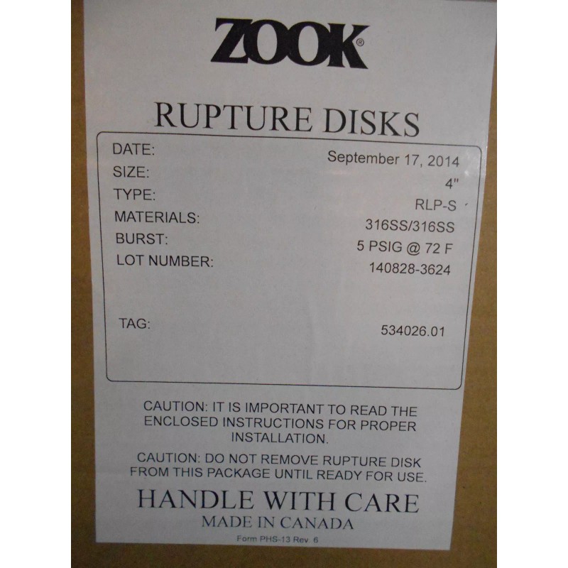 Zook Rupture Disk 4" RLP-S 316 Stainless 5 PSIG