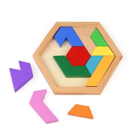 KINGOU Wooden Hexagon Tangram Puzzle Shape Pattern Blocks Brain Teaser Puzzles Challenging Geometry Logic Mind Games Educational Gift for Kids & Adults
